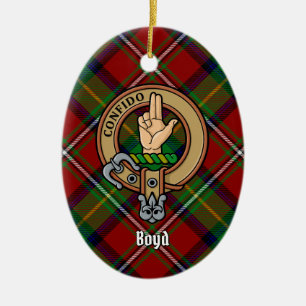 Clan Boyd Crest over Tartan Ceramic Tree Decoration