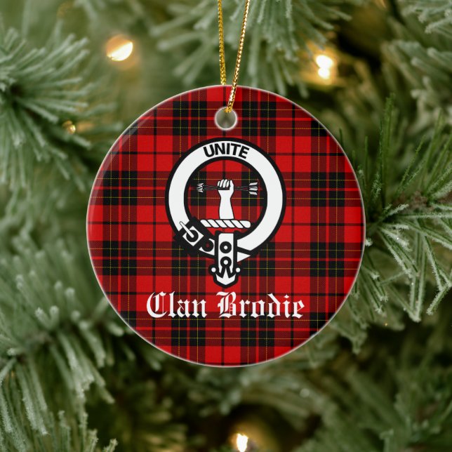 Clan Brodie Crest Badge and Tartan Ceramic Tree Decoration (Tree)
