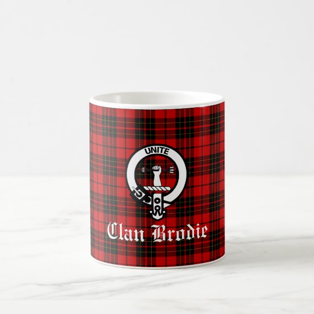 Clan Brodie Crest Badge and Tartan Coffee Mug (Center)