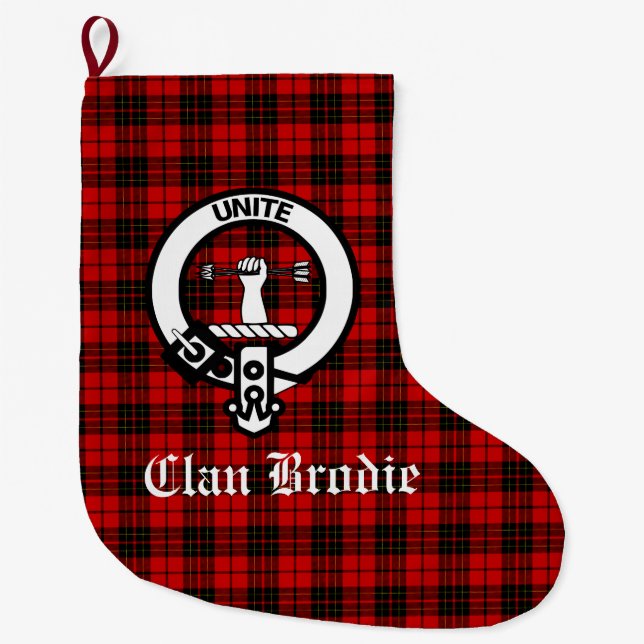Clan Brodie Crest & Tartan Customisable Large Christmas Stocking (Front)