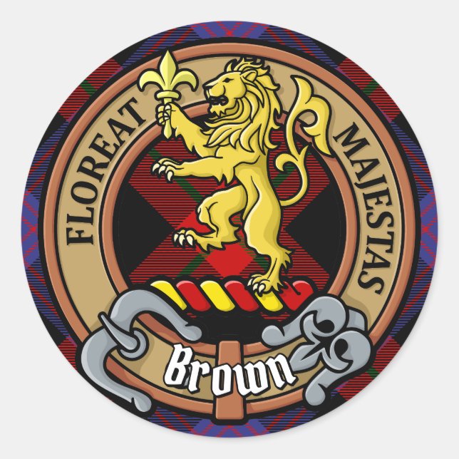Clan Brown Crest over Tartan Classic Round Sticker (Front)