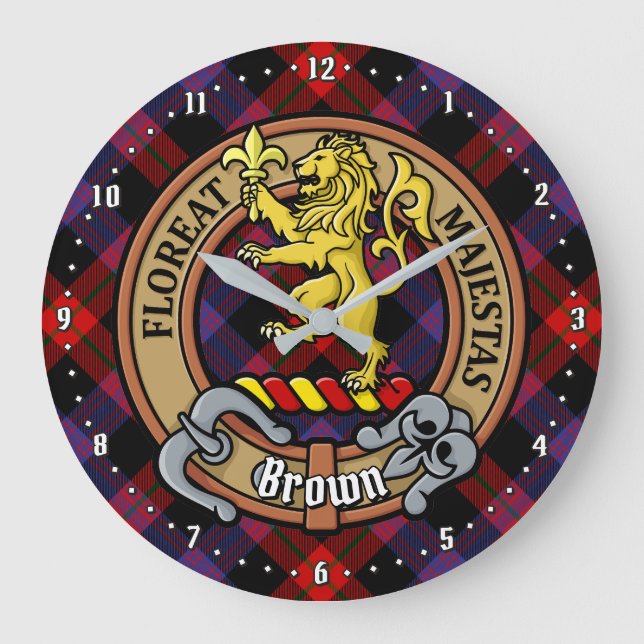 Clan Brown Crest over Tartan Large Clock (Front)