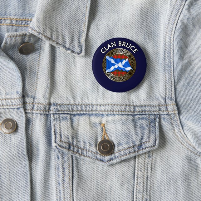 Clan Bruce Tartan Knot & Flag 6 Cm Round Badge (In Situ)