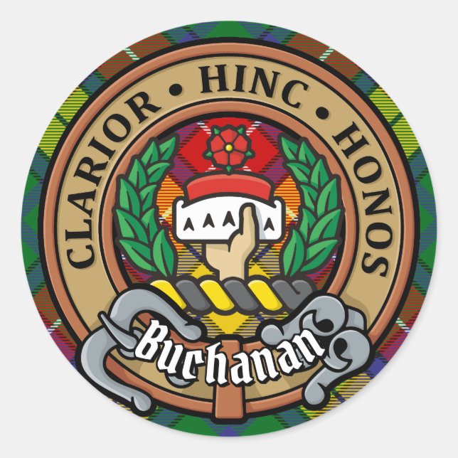 Clan Buchanan Crest over Tartan Classic Round Sticker (Front)