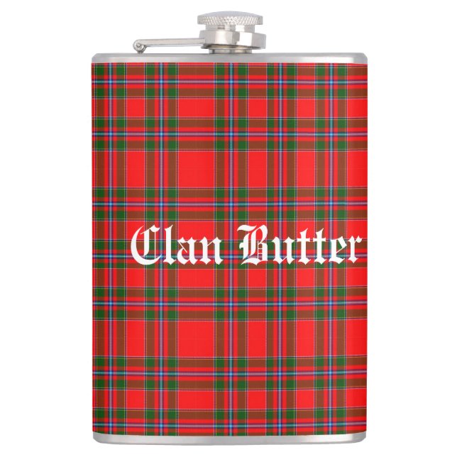 Clan Butter Tartan and Custom Text Hip Flask (Front)