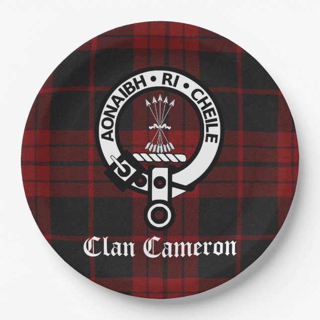 Clan Cameron Crest Badge and Tartan Paper Plate (Front)