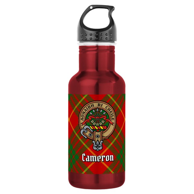 Clan Cameron Crest over Tartan 532 Ml Water Bottle (Front)