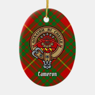 Clan Cameron Crest over Tartan Ceramic Tree Decoration