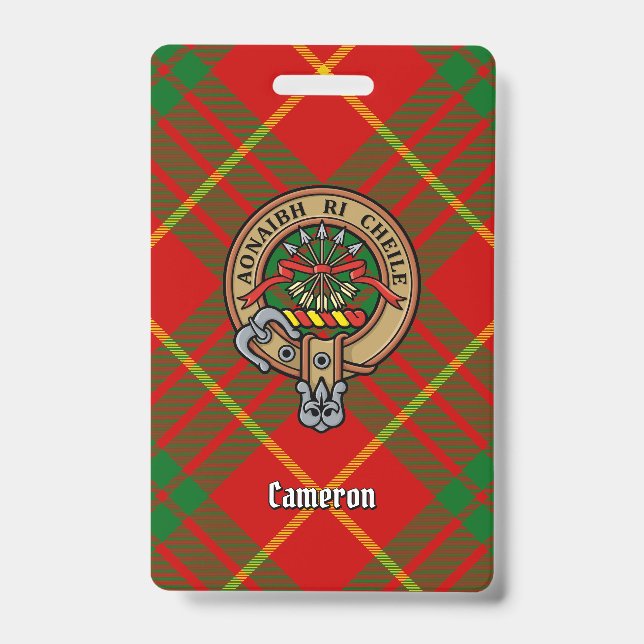 Clan Cameron Crest over Tartan ID Badge (Front)
