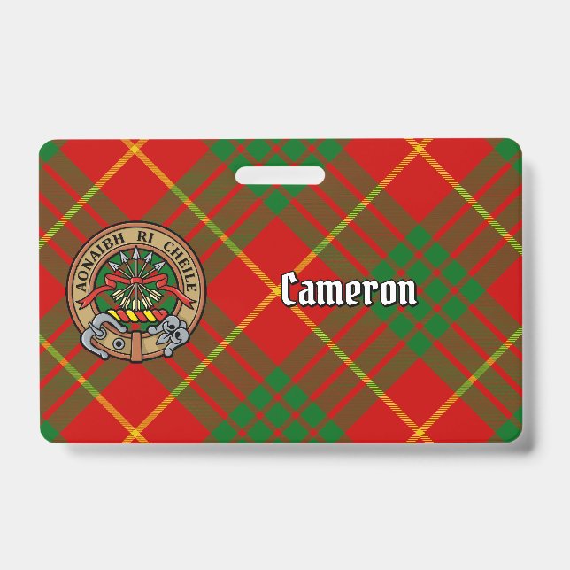 Clan Cameron Crest over Tartan ID Badge (Front)