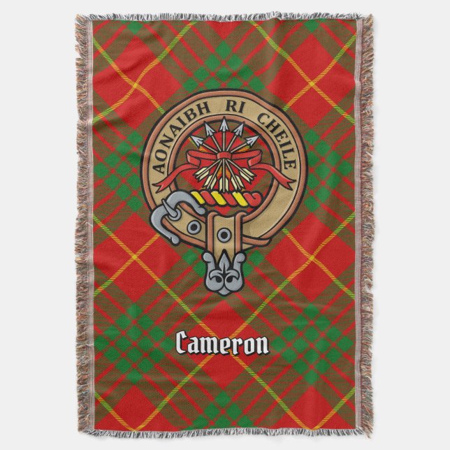 Clan Cameron Crest over Tartan Throw Blanket (Front Vertical)