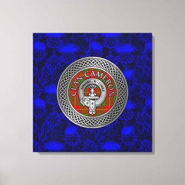 Clan Cameron Crest & Tartan Knot on Thistle Canvas Print (Front)