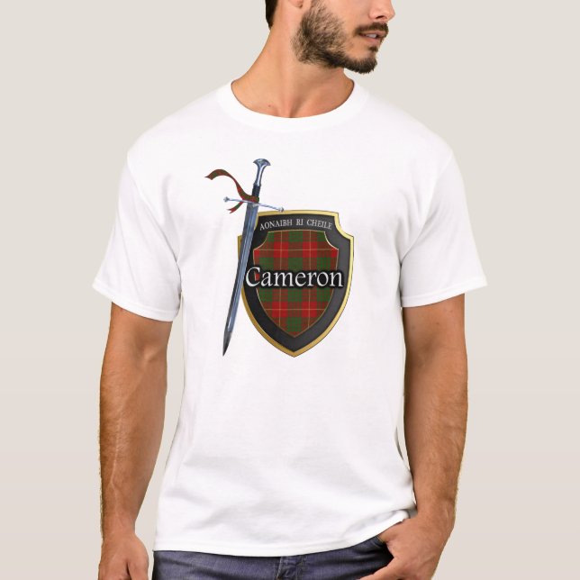 Clan Cameron Tartan Scottish Shield & Sword T-Shirt (Front)