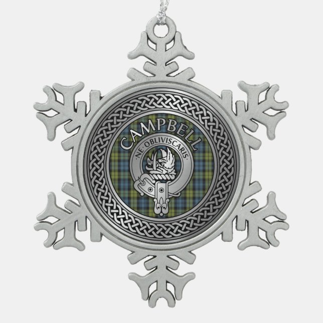 Clan Campbell Crest & Tartan Knot  Snowflake Pewter Christmas Ornament (Front)