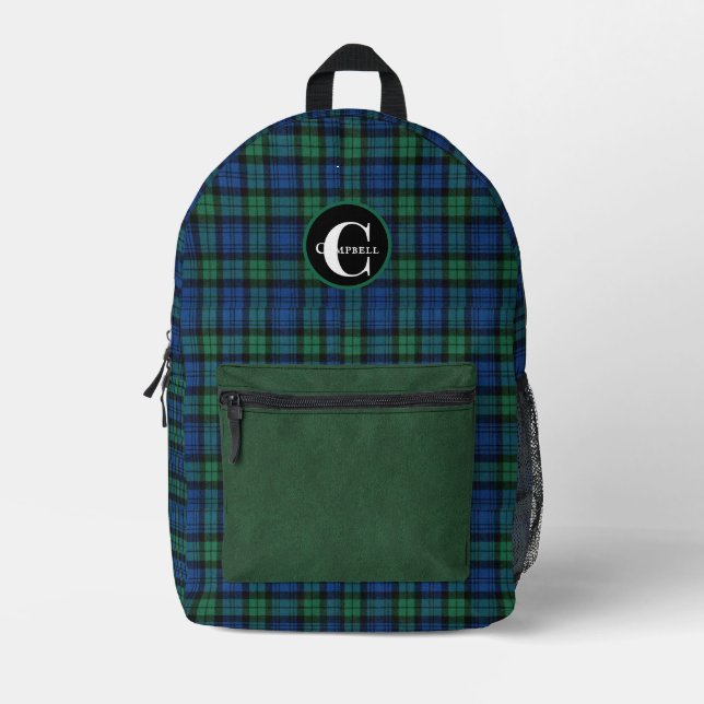 Clan Campbell Plaid Monogrammed  Printed Backpack (Front)