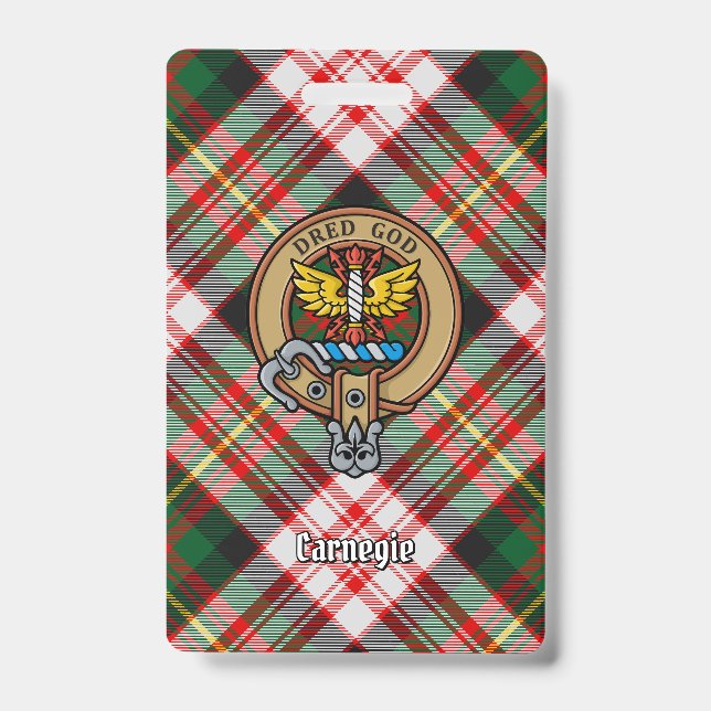Clan Carnegie Crest over Dress Tartan ID Badge (Front)