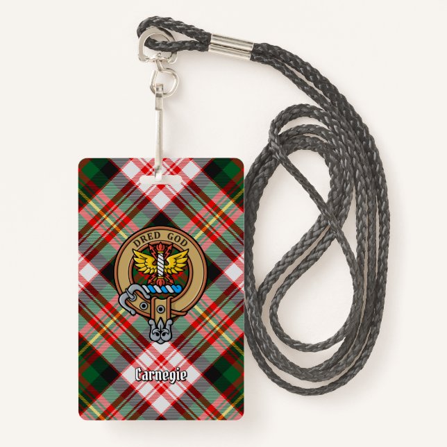 Clan Carnegie Crest over Dress Tartan ID Badge (Front with Lanyard)