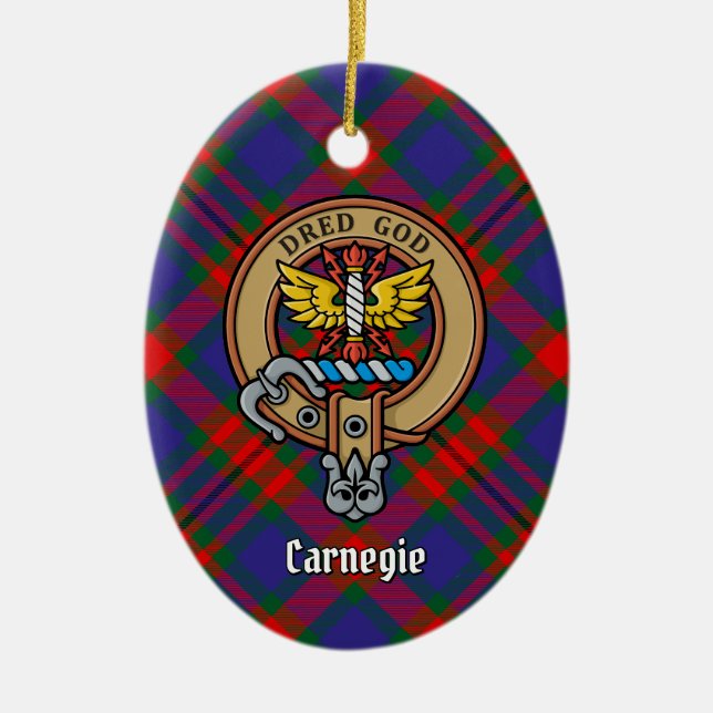 Clan Carnegie Crest over Tartan Ceramic Tree Decoration (Front)