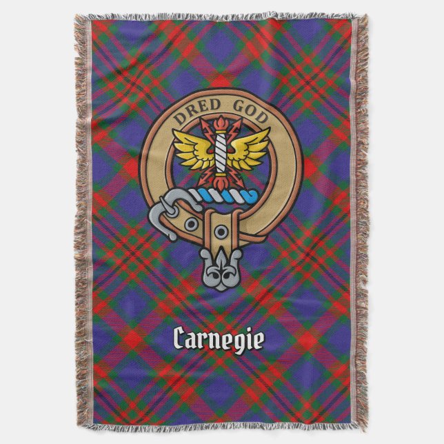 Clan Carnegie Crest over Tartan Throw Blanket (Front Vertical)