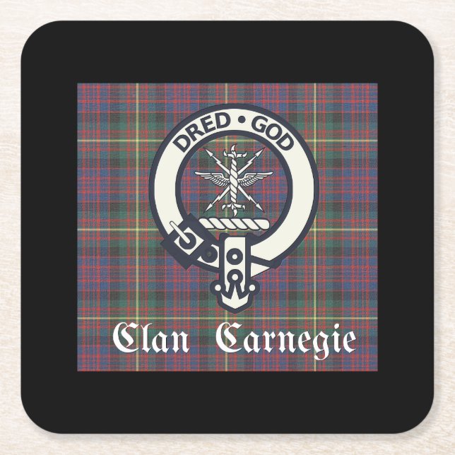Clan Carnegie Crest Tartan Square Paper Coaster (Front)