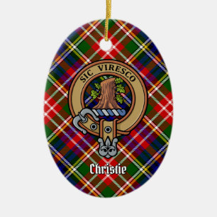 Clan Christie Crest over Tartan Ceramic Tree Decoration