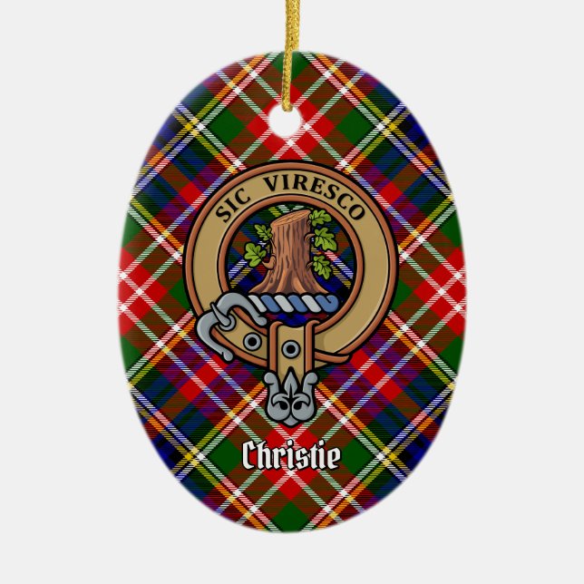 Clan Christie Crest over Tartan Ceramic Tree Decoration (Front)