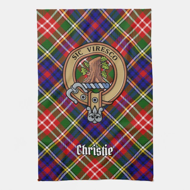 Clan Christie Crest over Tartan Tea Towel (Vertical)