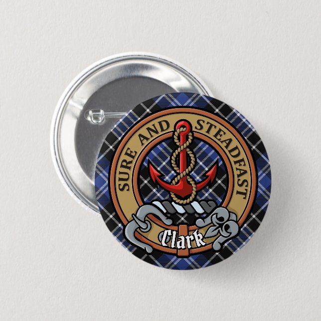 Clan Clark Crest over Tartan 6 Cm Round Badge (Front & Back)