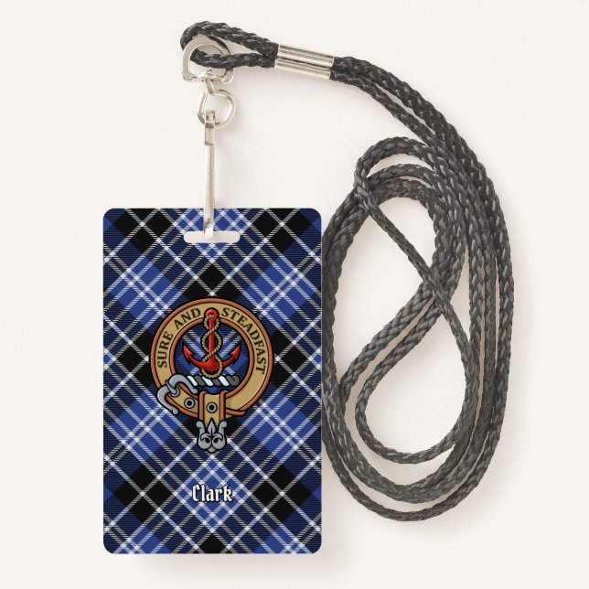 Clan Clark Crest over Tartan ID Badge (Front with Lanyard)