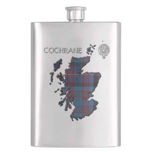 Clan Cochrane Crest & Azure Tartan Map Hip Flask