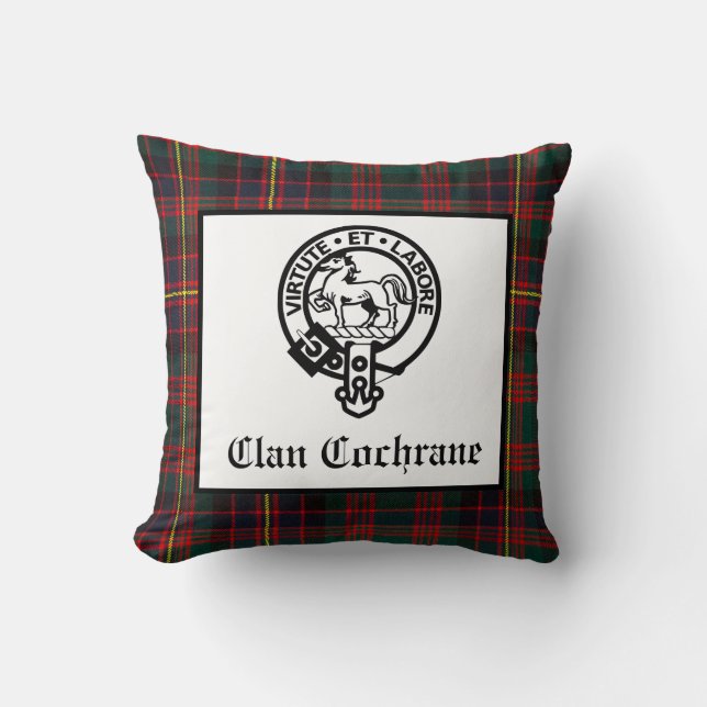 Clan Cochrane Crest Badge and Tartan Cushion (Front)