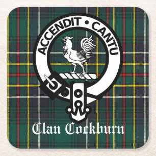 Clan Cockburn Crest Badge and Tartan Square Paper Coaster