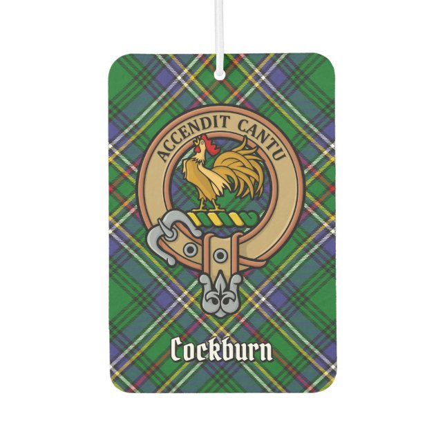 Clan Cockburn Crest over Tartan Car Air Freshener (Front)