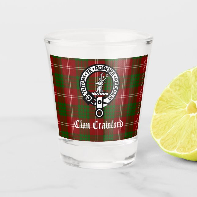 Clan Crawford Crest Badge and Tartan  Shot Glass (Front)