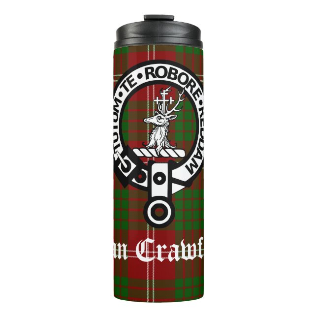 Clan Crawford Crest Badge and Tartan  Thermal Tumbler (Front)