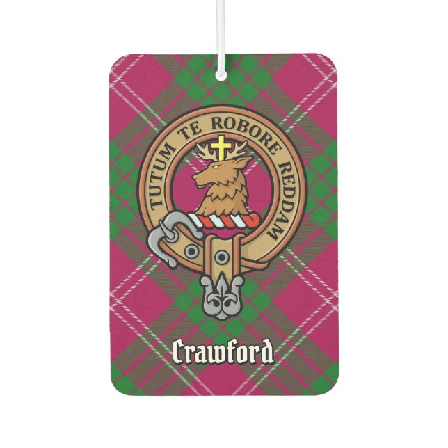 Clan Crawford Crest over Tartan Car Air Freshener (Front)