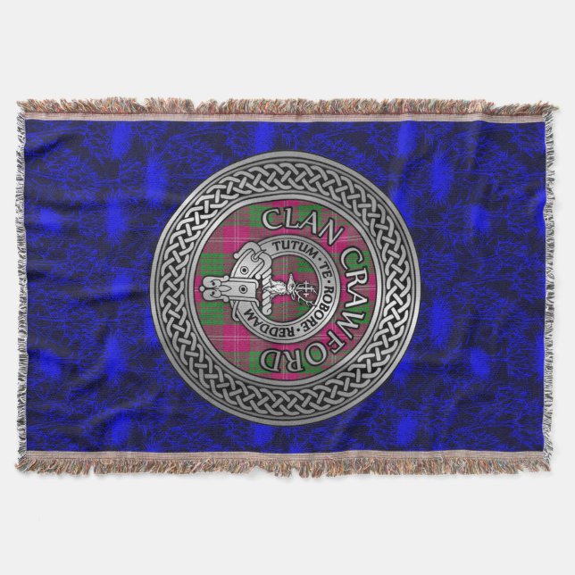 Clan Crawford Crest & Tartan Knot Throw Blanket (Front)