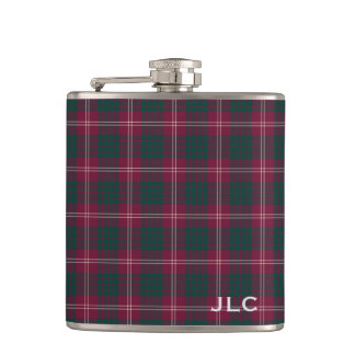 Clan Crawford Tartan Maroon Plaid Monogram Hip Flask