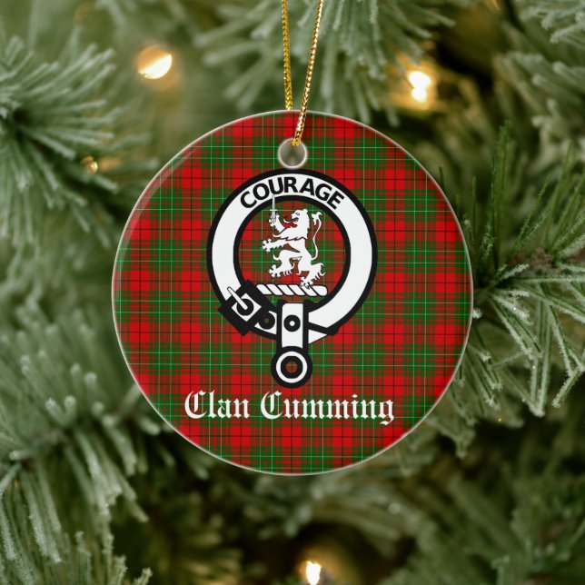 Clan Cumming Crest Badge and Tartan Personalised Ceramic Tree Decoration (Tree)