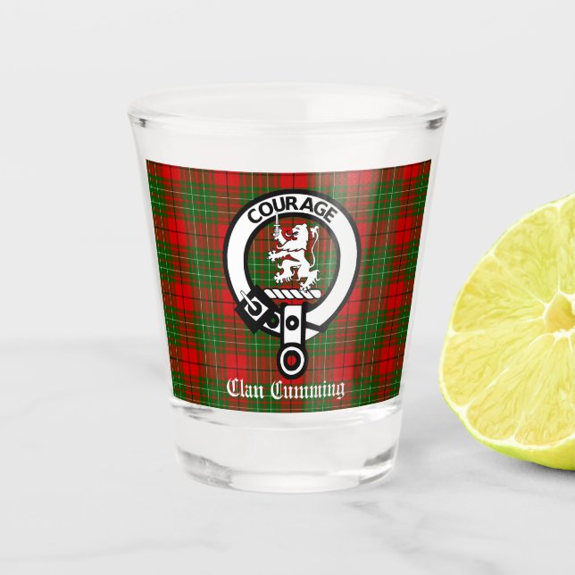 Clan Cumming Crest Badge and Tartan  Shot Glass (Front)