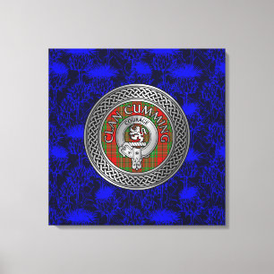 Clan Cumming Crest & Tartan Knot on Thistle Canvas Print