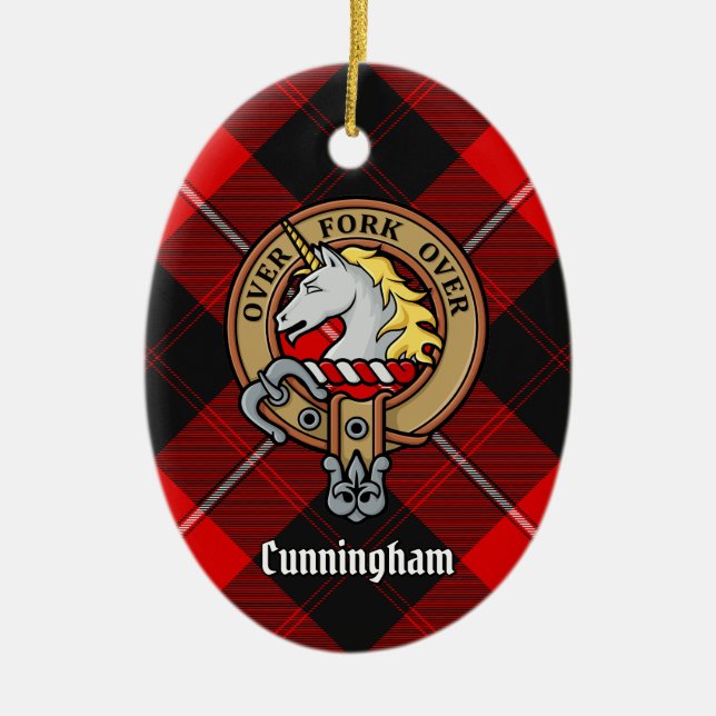 Clan Cunningham Crest over Tartan Ceramic Tree Decoration (Front)