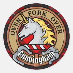 Clan Cunningham Crest over Tartan Classic Round Sticker