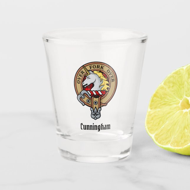 Clan Cunningham Crest over Tartan Shot Glass (Front)