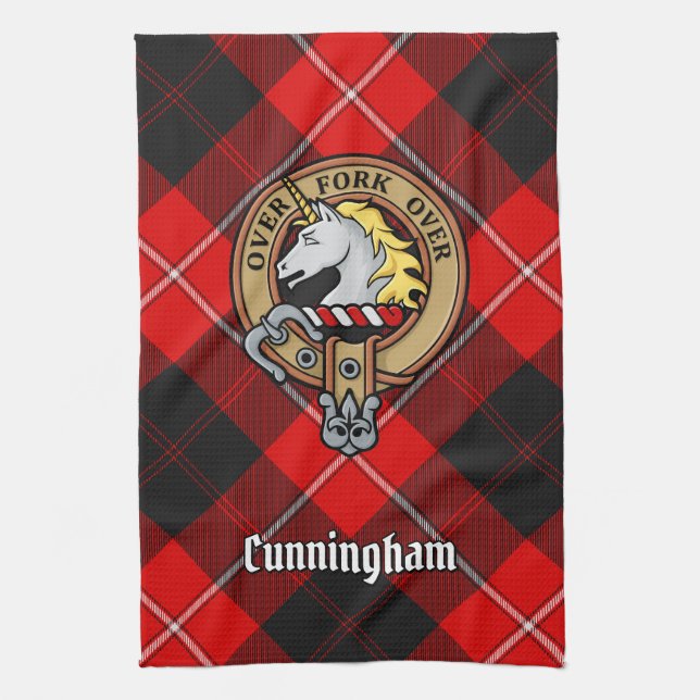 Clan Cunningham Crest over Tartan Tea Towel (Vertical)