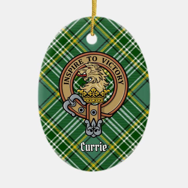 Clan Currie Lion Crest over Tartan Ceramic Tree Decoration (Front)