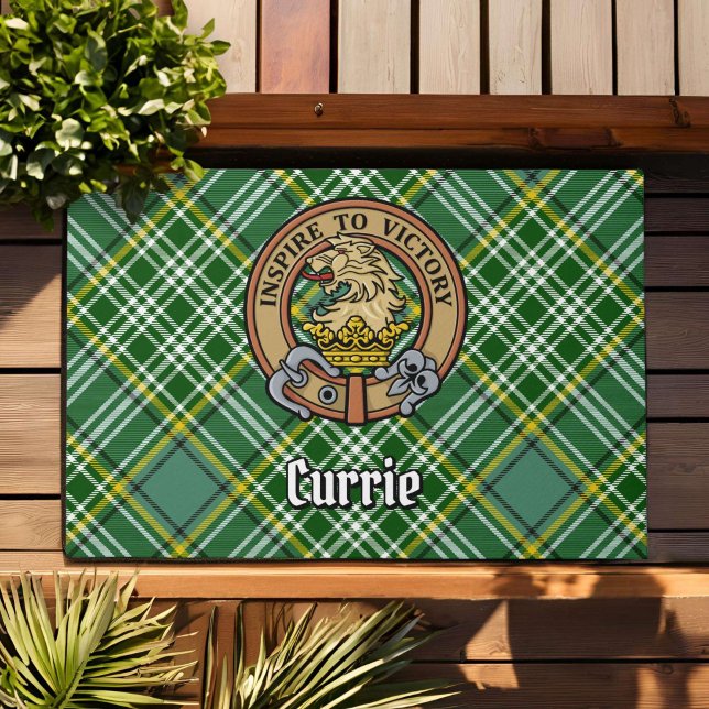 Clan Currie Lion Crest over Tartan Doormat (Creator Uploaded)