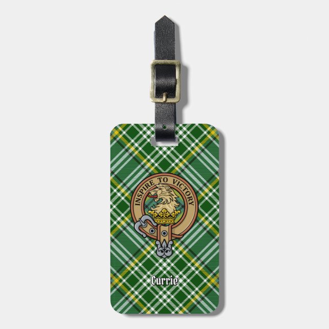 Clan Currie Lion Crest over Tartan Luggage Tag (Front Vertical)