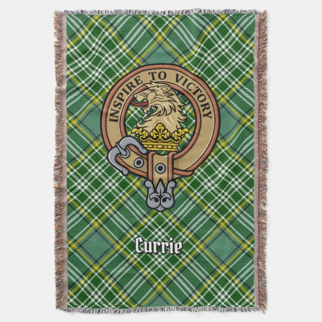 Clan Currie Lion Crest over Tartan Throw Blanket (Front Vertical)