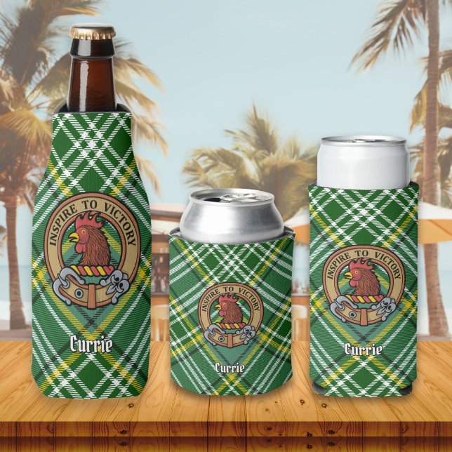 Clan Currie Rooster Crest over Tartan Bottle Cooler (Creator Uploaded)